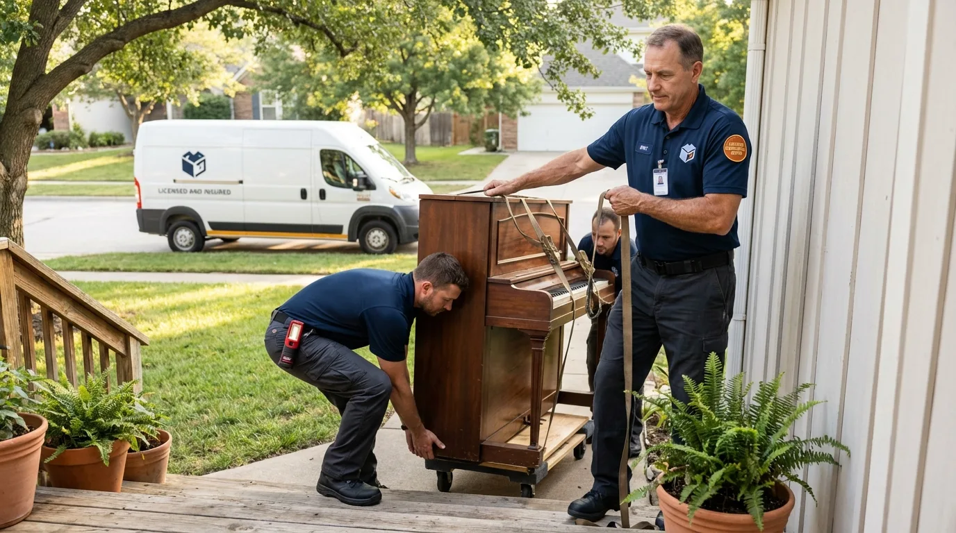 Licensed piano movers securing grand piano in Barceloneta, PR