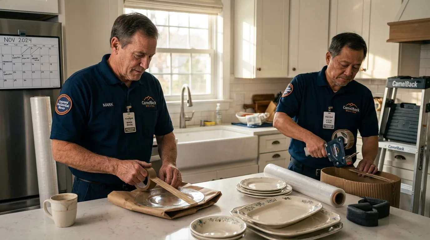 Professional crew packing kitchen dishware in Barceloneta, PR